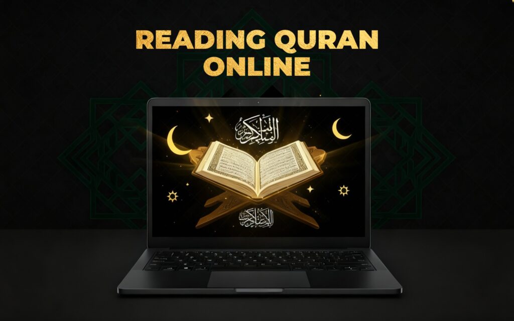 Open Quran on a laptop screen with golden light, crescent moons, and stars, symbolizing online Quran reading.