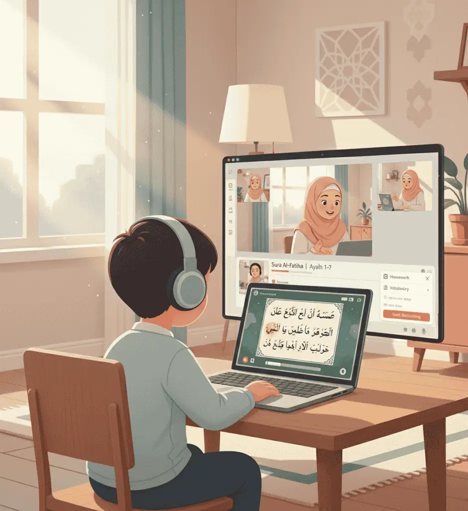 Student learning Quran online through live video class with Quran open on desk