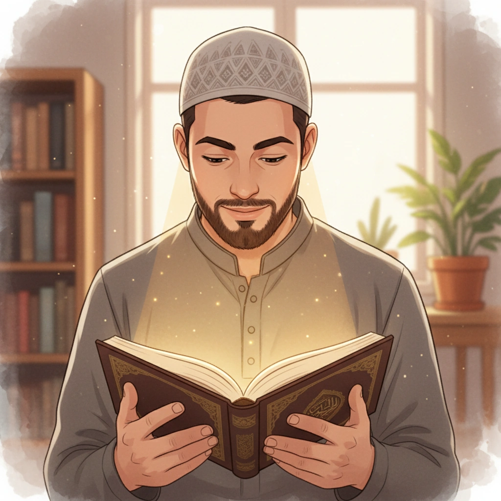 Muslim individual reading the Quran with deep focus, reflecting on its meaning in a serene study space.