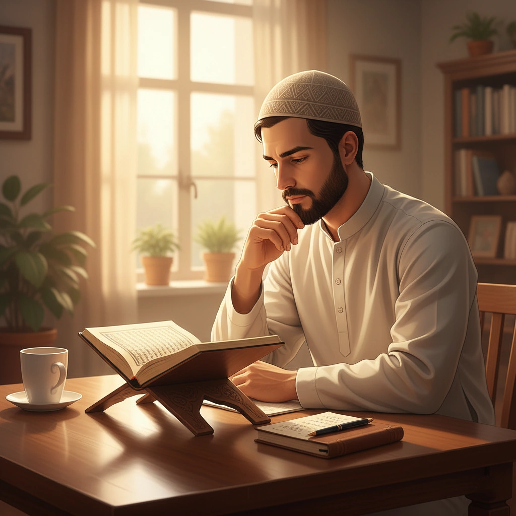 Muslim individual practicing tadabbur at home, reflecting on Quranic meaning with open Quran and notebook.