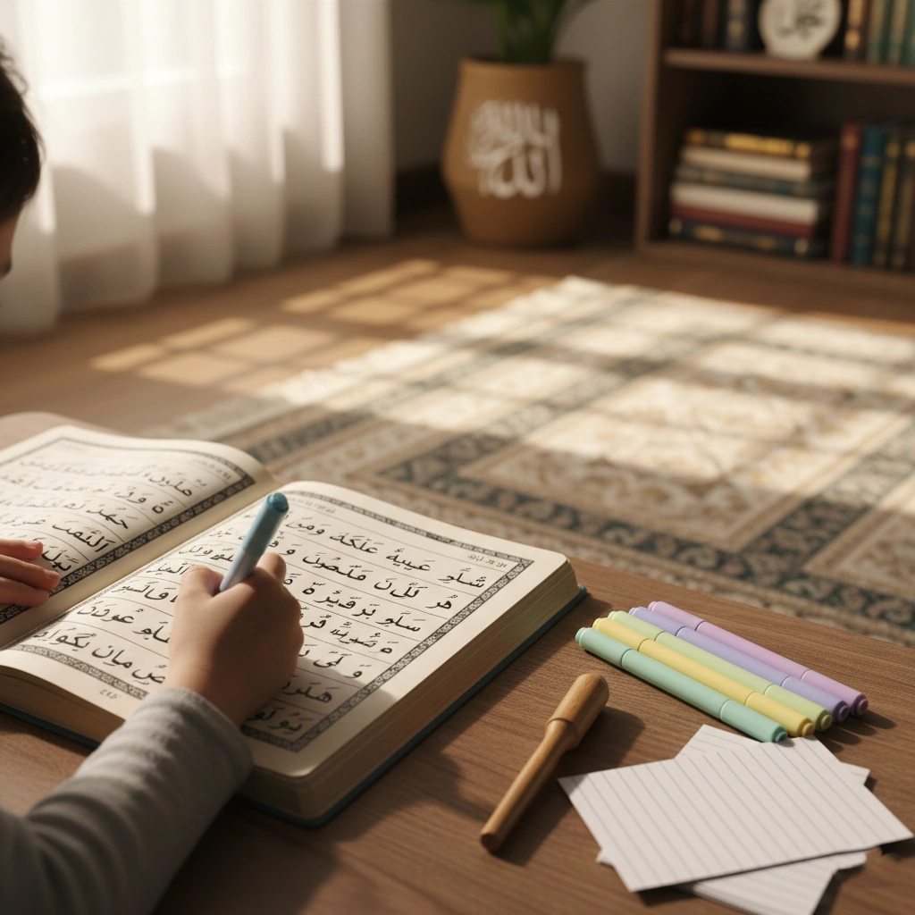 Close-up of a child’s hands practicing Arabic letters with flashcards and learning tools on a clean, well-lit table.