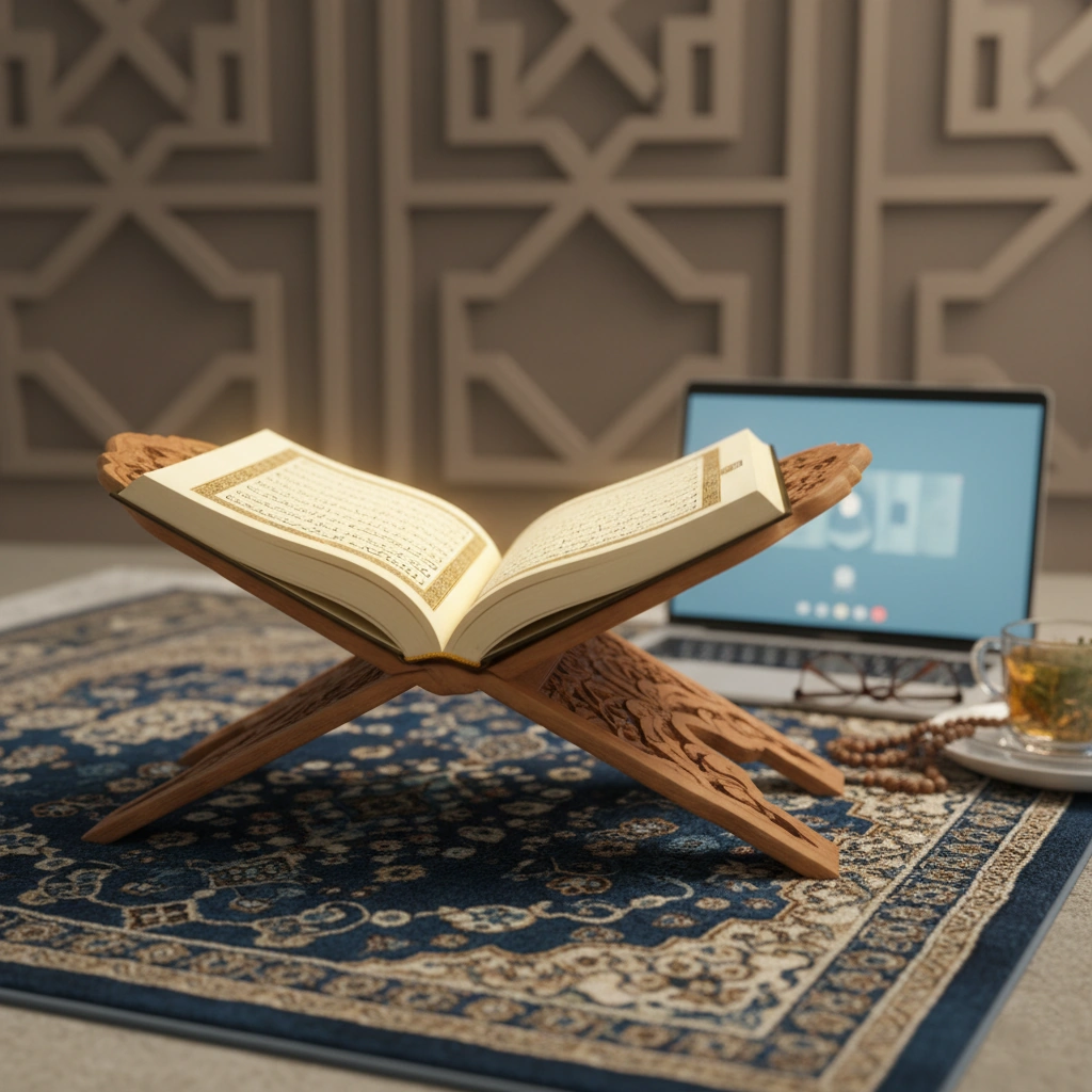 Open Quran on a wooden stand illuminated by warm light, symbolizing online Quran recitation and Tajweed learning