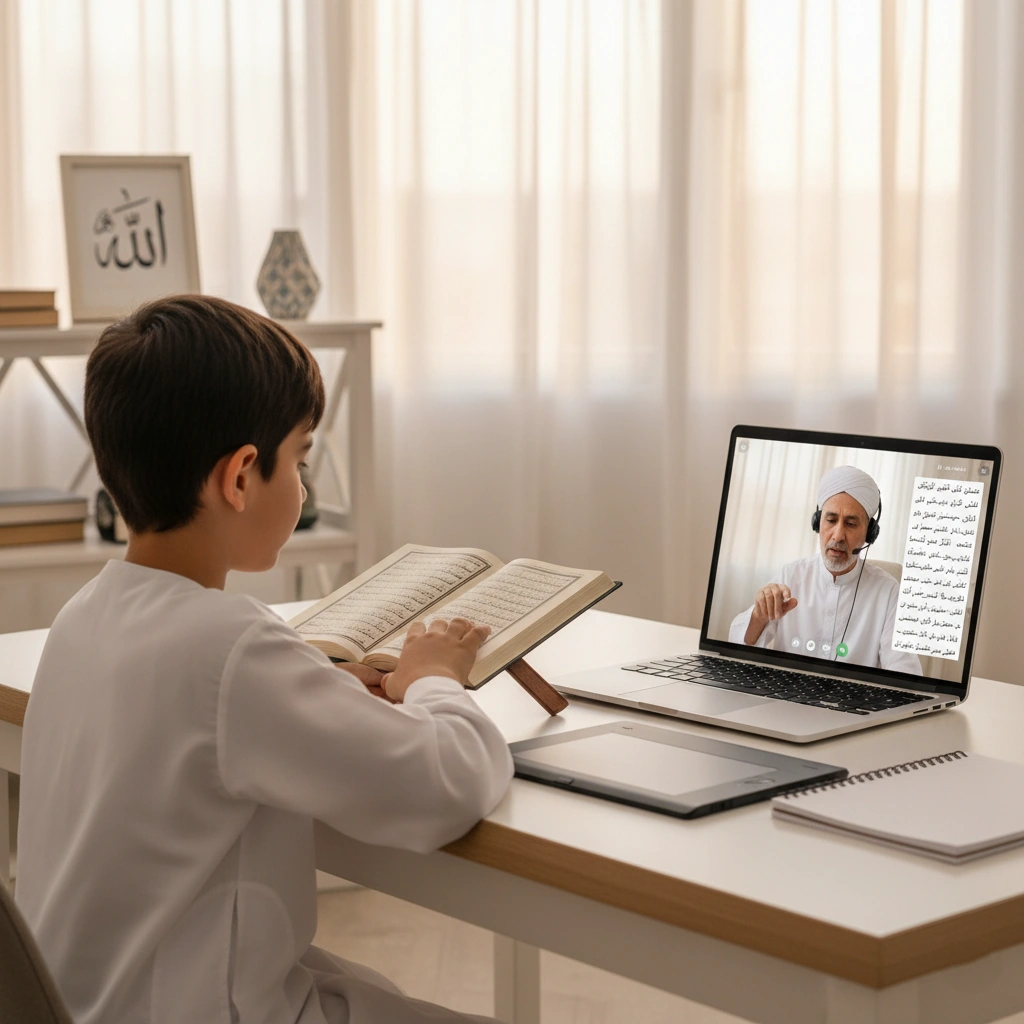 Muslim tutor teaching Quran recitation online via laptop to a student in a bright study environment