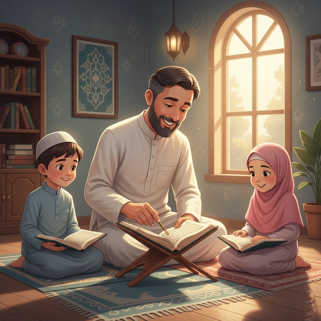 Young Muslim children learning Quran with a teacher, sitting on prayer mats and practicing Tajweed respectfully