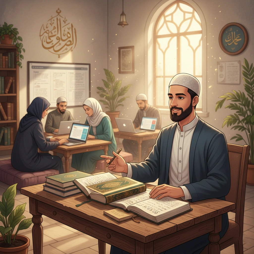 Muslim teacher teaching Quran with understanding, surrounded by certified tutors on laptops in a calm study environment.