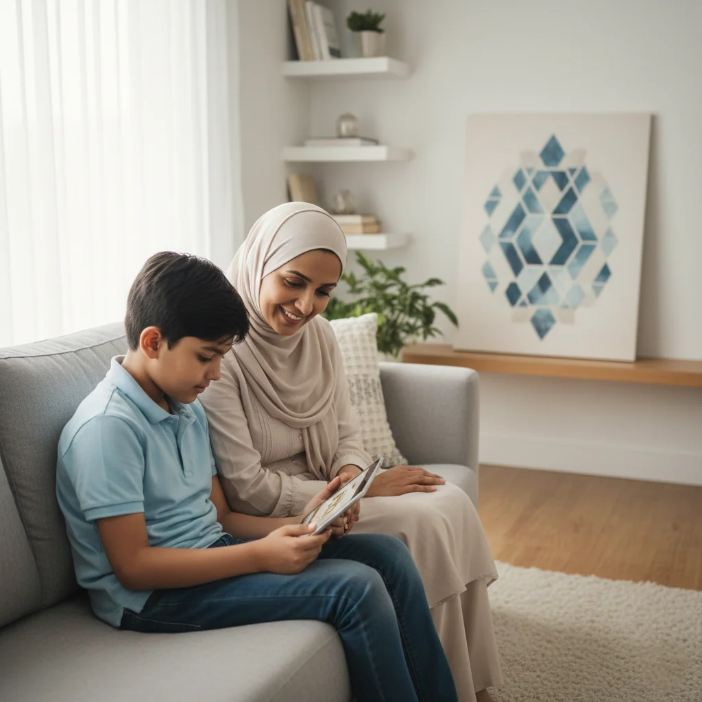 A mother helping her son learn the Quran at home while reviewing lessons on a digital tablet.
