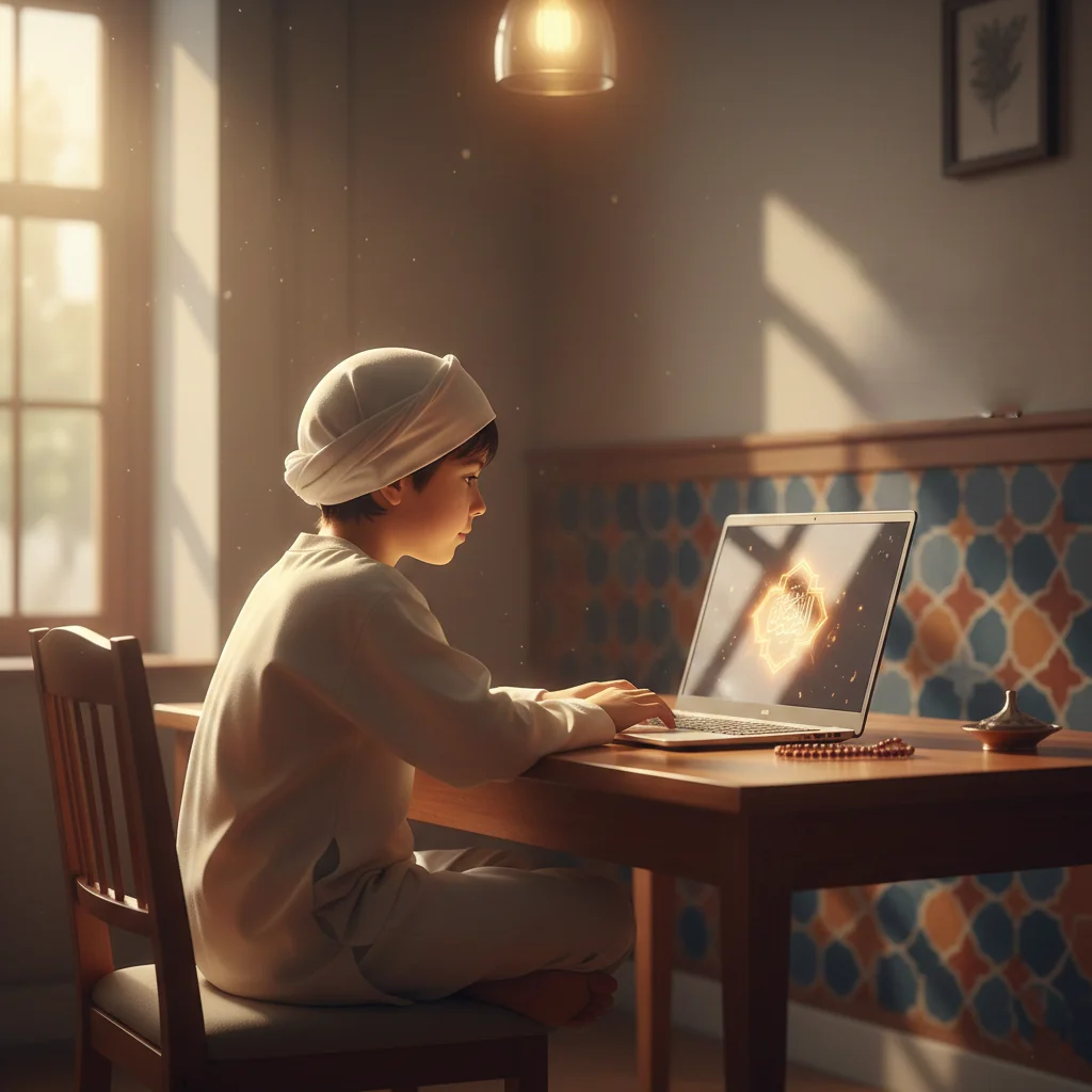 A young boy sitting on a prayer mat and learning Quran online through a laptop in a bright room.