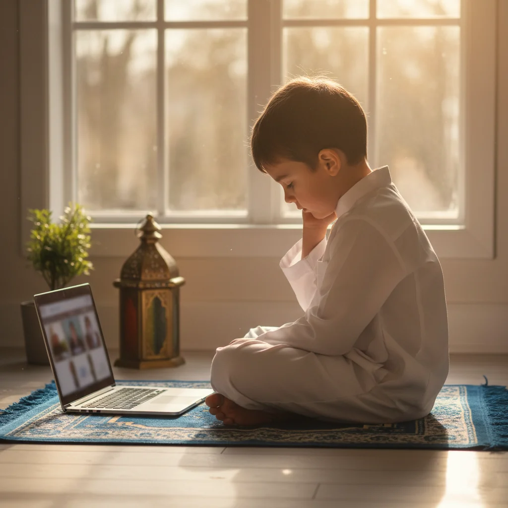 A child studying the Quran online with a teacher displayed on the screen during a virtual class.