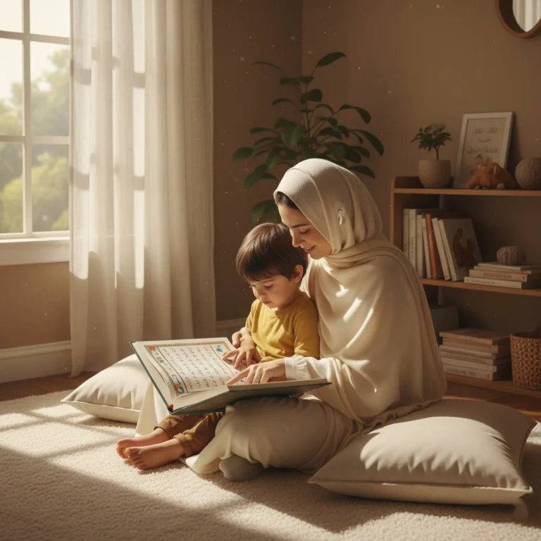 Parent gently guiding a young child in Quran learning while sitting together in a softly lit, peaceful room.