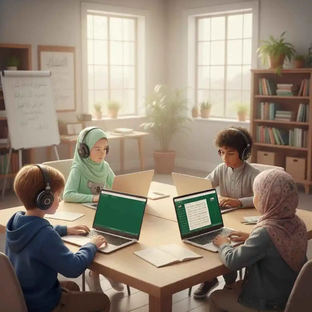 Kids taking online Quran class with tutor, learning tajweed and Quran recitation from home.