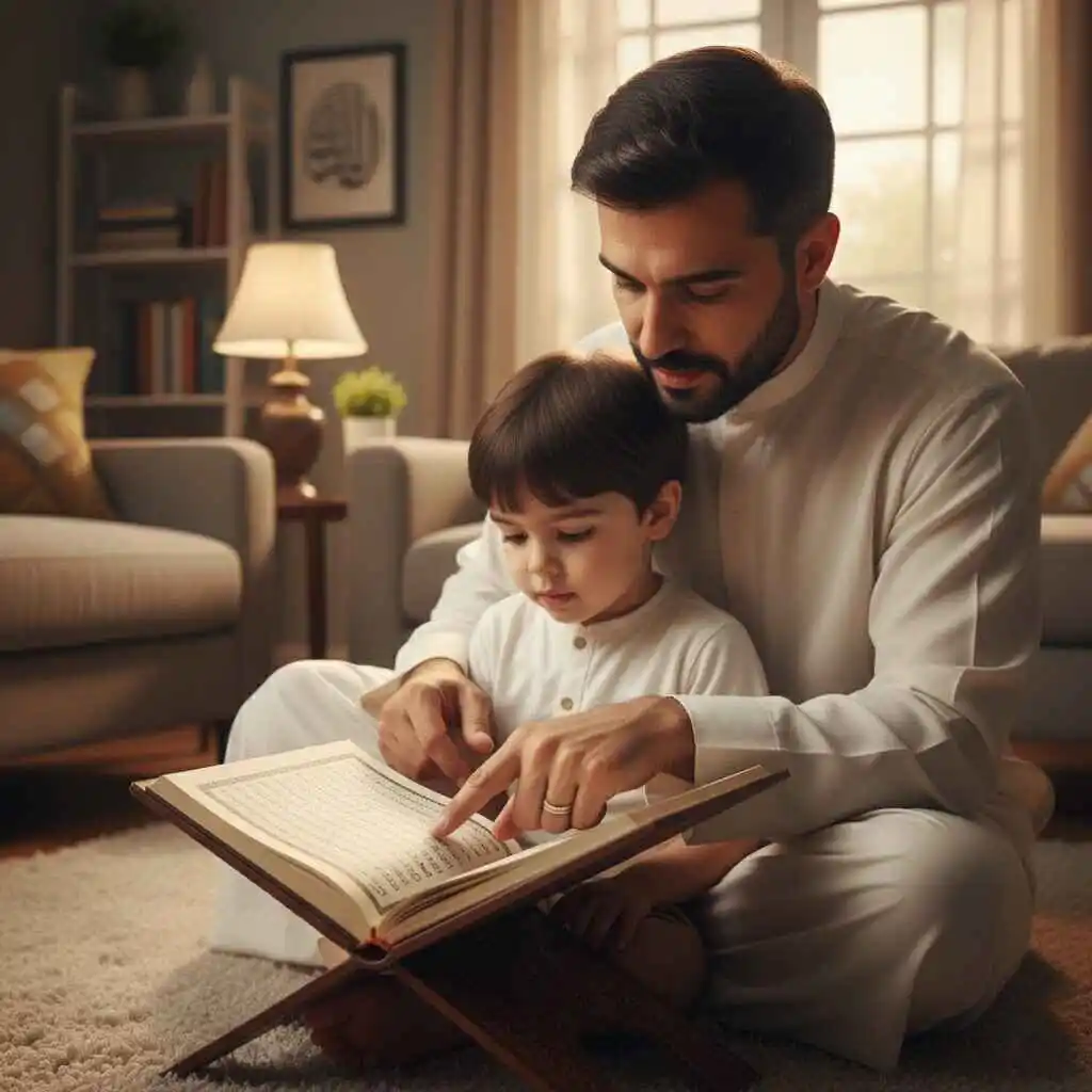 Muslim father helping child learn and recite Quran at home, teaching proper pronunciation and tajweed.