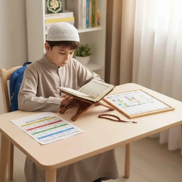 Young Muslim boy reading the Quran at home on a wooden stand, learning Islamic education with study schedule on desk