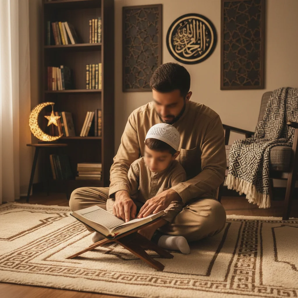 A warm parent–child moment showing a shared Quran learning routine in a calm home setting.