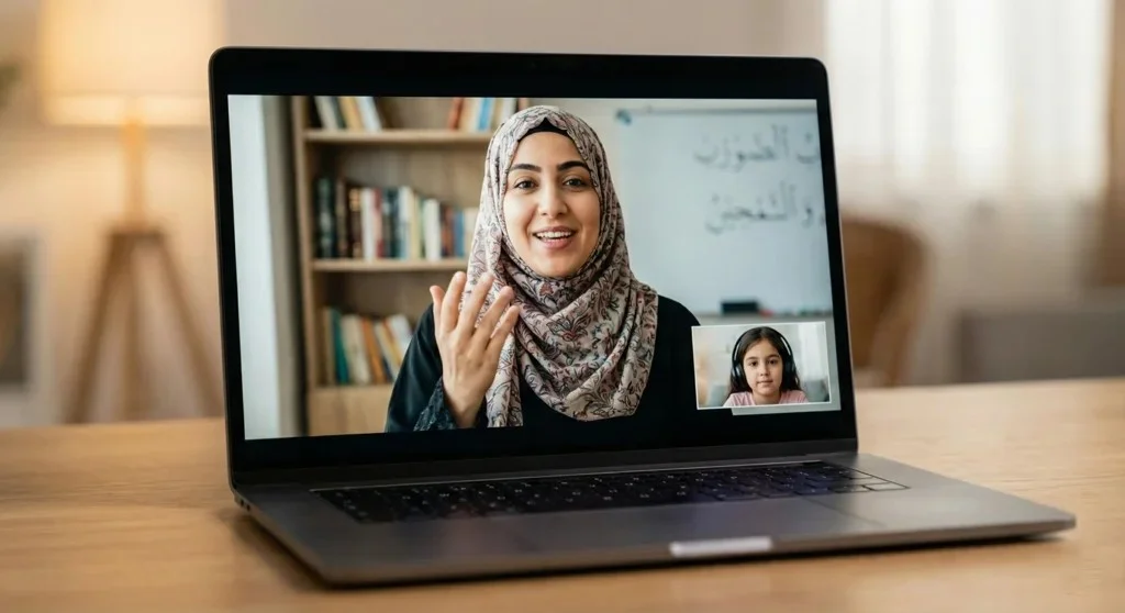 Female Quran teacher conducting an online lesson for a student.