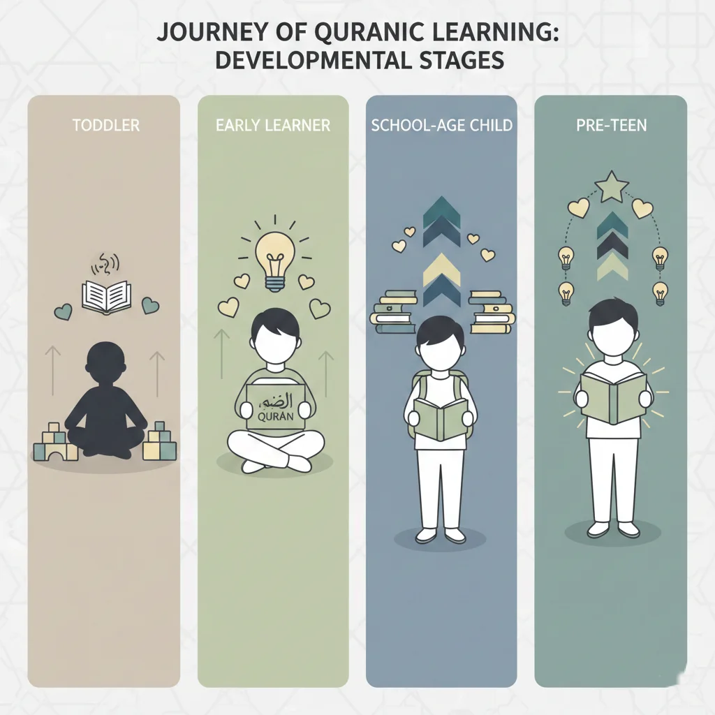 Illustration showing different age stages of children beginning Quran learning through simple icons.