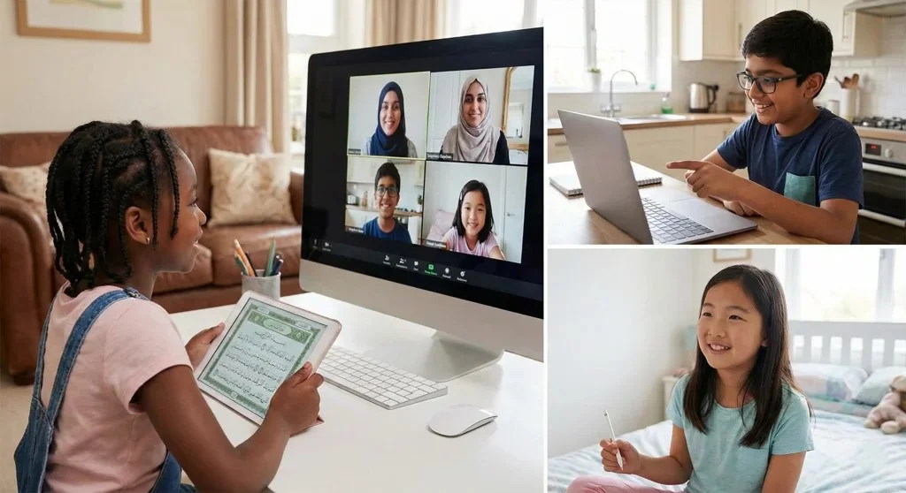 Group of children learning Quran online together from home.