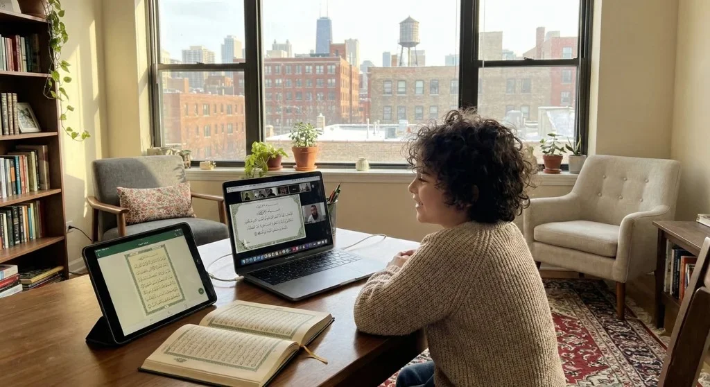 Child learning Quran online at home in Chicago with laptop and digital Quran.