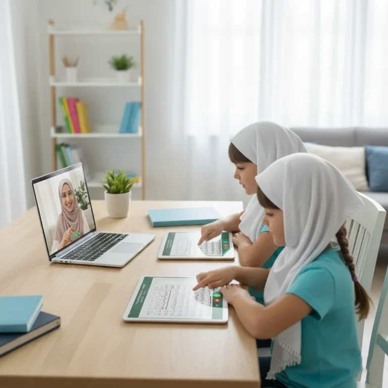 Student learning Quran online at home in New York City.