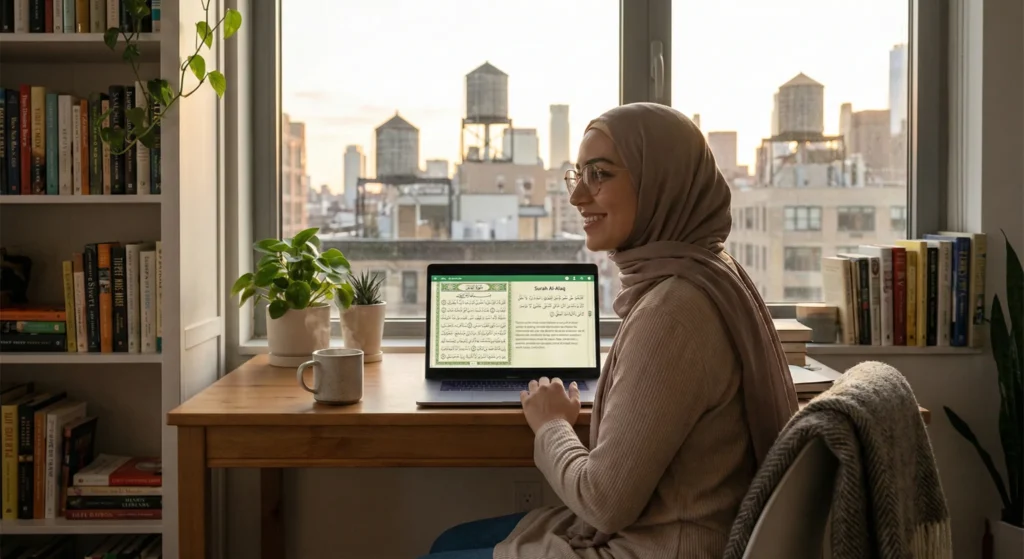 Quran tutor teaching student online through video call.
