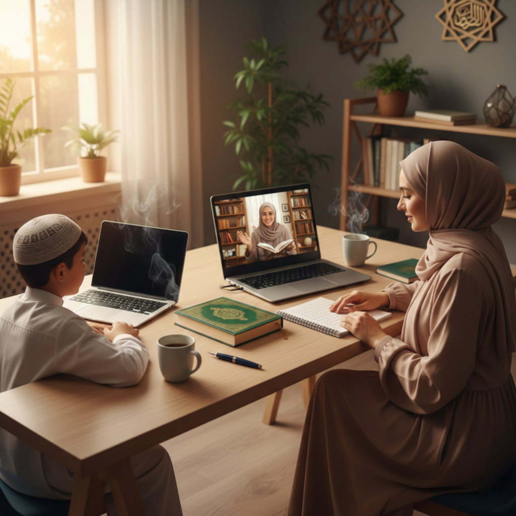 Child and parent participating in free online Quran trial class