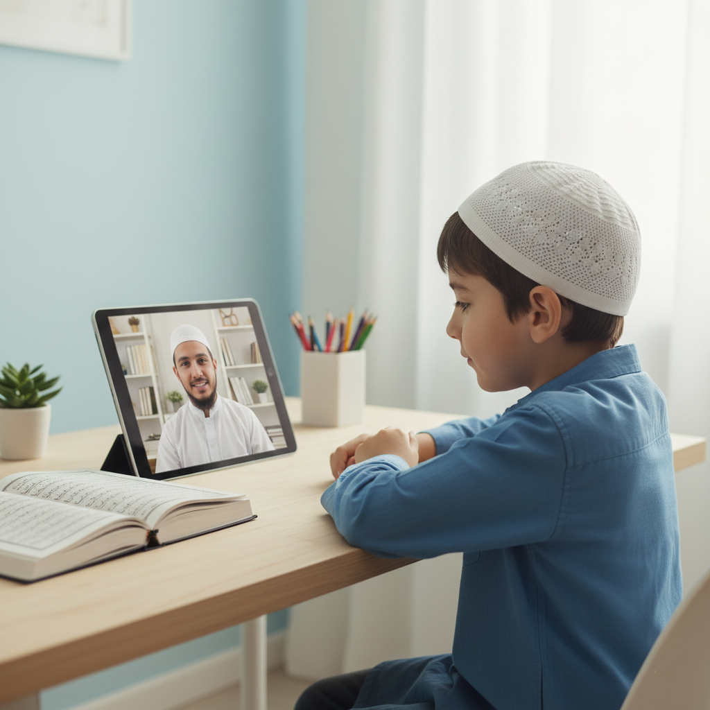 Child attending one-to-one online Hifz Quran class with a teacher