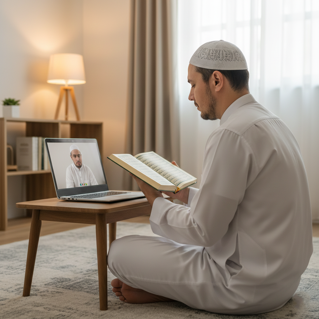 Adult student memorizing Quran through online Hifz program at home