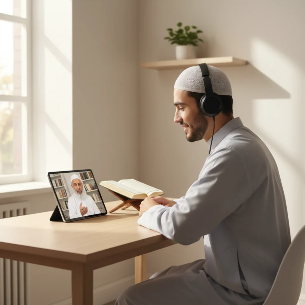 Beginner practicing Quran recitation with Tajweed during online lesson