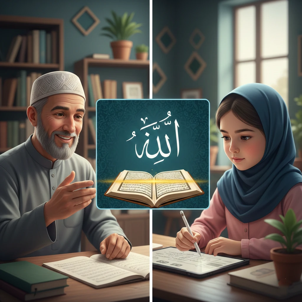 An elderly man and a young girl studying the Quran together, highlighting intergenerational learning.