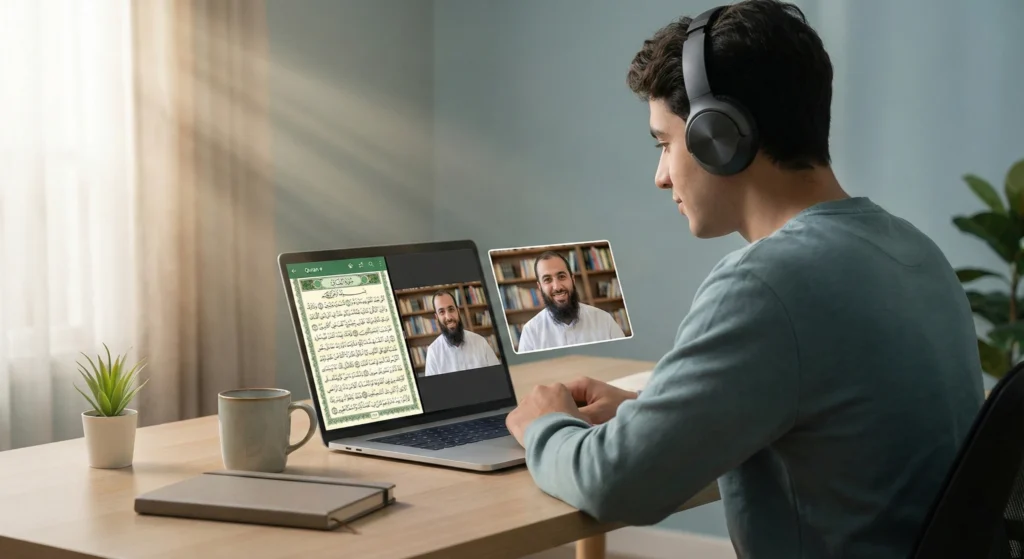 A young man attending an online Quran class on a laptop, emphasizing remote learning in religious studies.
