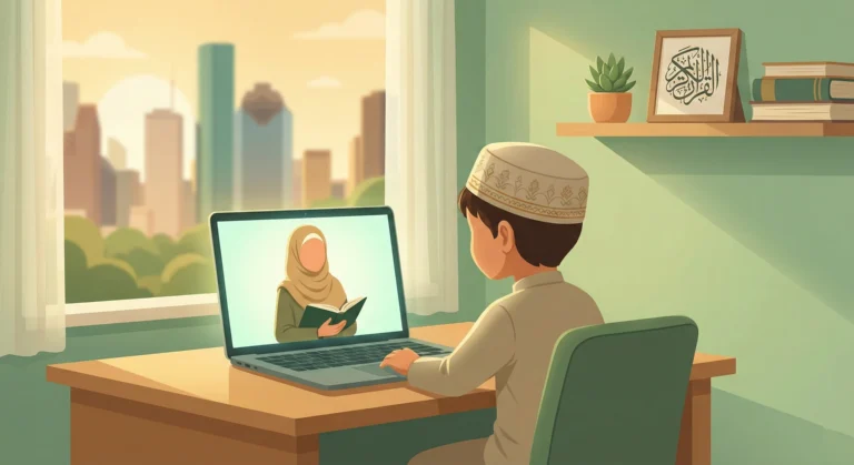 A young boy attending a Quran class online with a female teacher via laptop, focusing on learning.