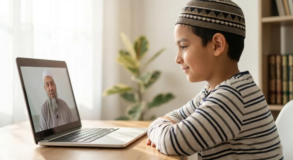 Young child attending an online Quran class with a teacher through a laptop at home