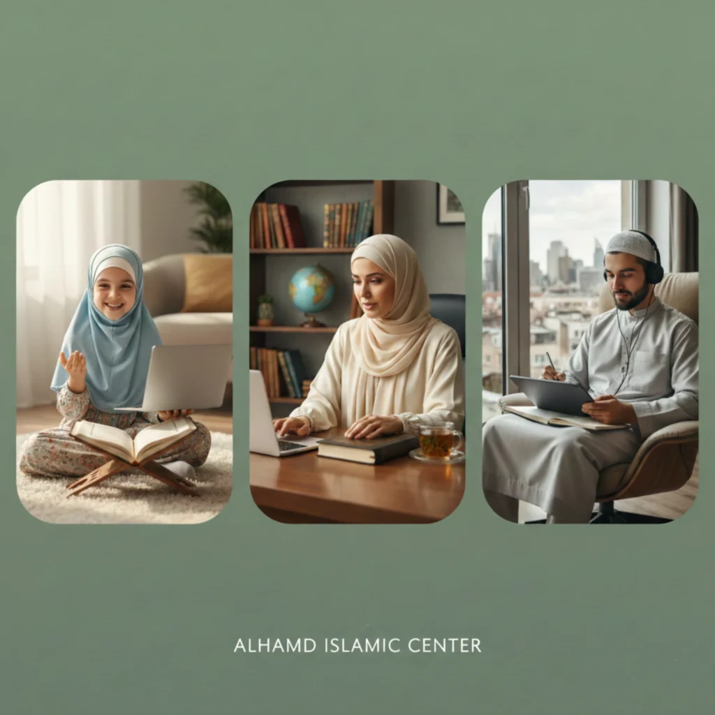 Diverse students of different ages learning Quran online from home.