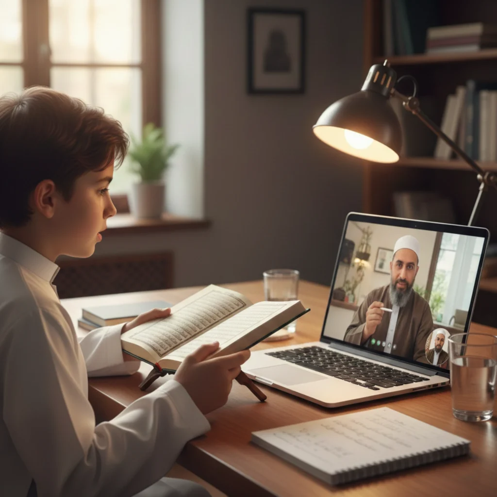 Student practicing Quran recitation online with live feedback from a teacher.
