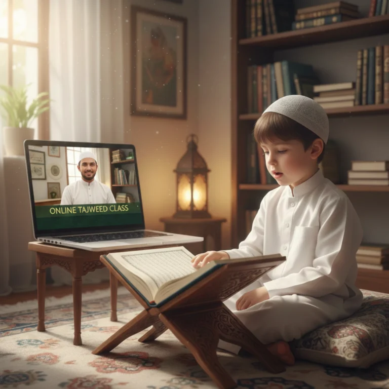 Students learning Quran online with a teacher of online Quran academy Alhamd Islamic Center via live video, focusing on Tajweed.