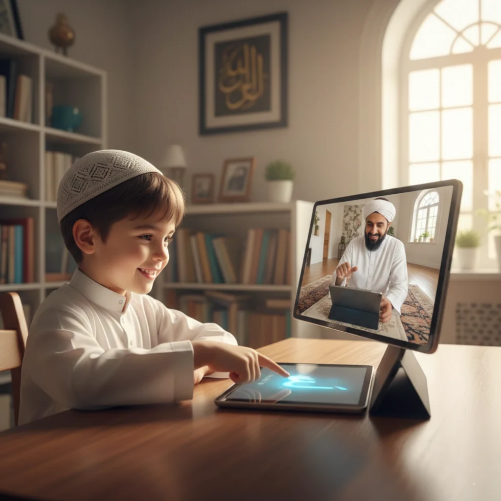Child learning Noorani Qaida online with teacher via video call