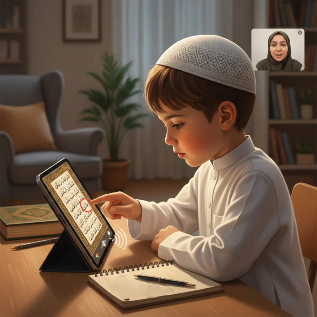 Child practicing Quran Tajweed online with teacher guidance