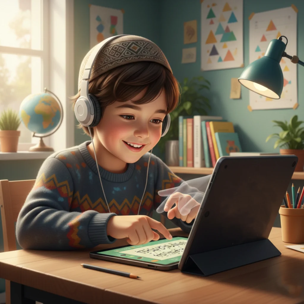 Child learning Noorani Qaida with guidance from teacher online