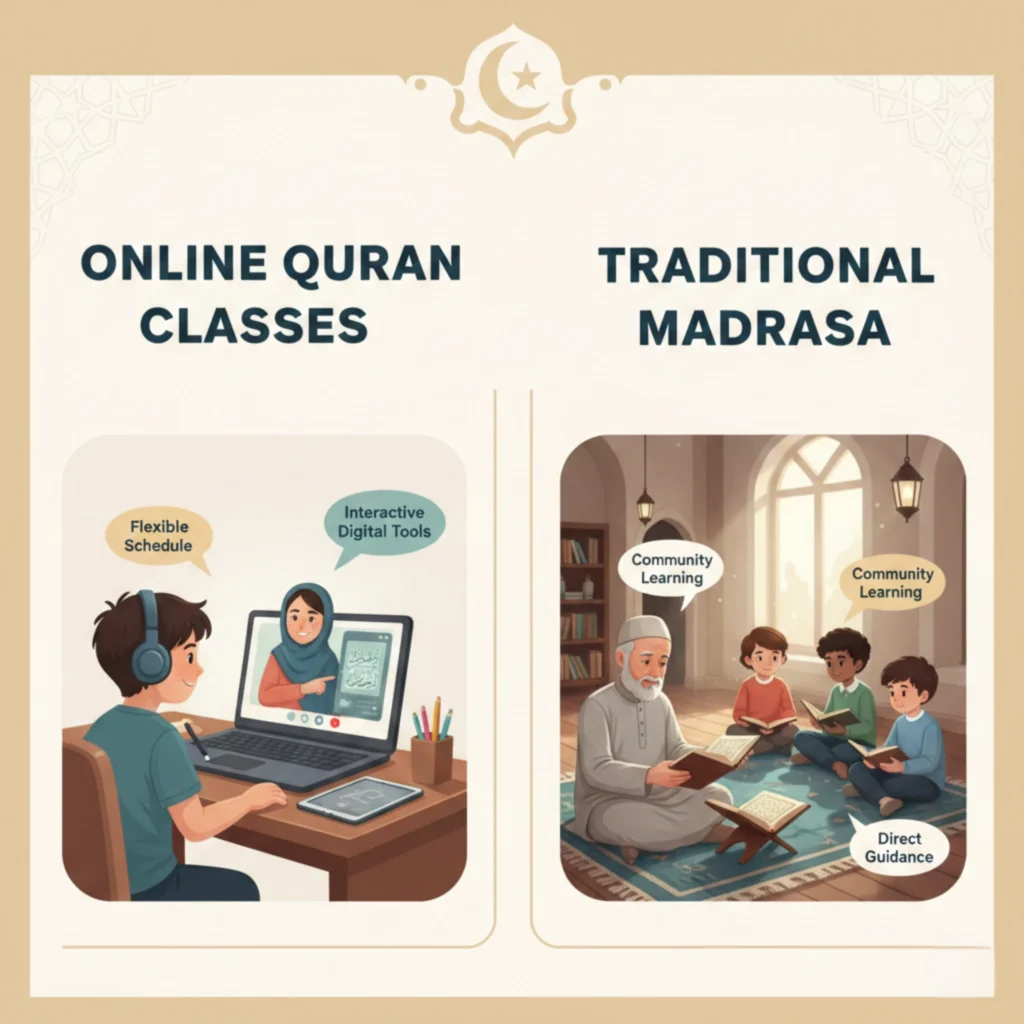 Side-by-side comparison of online Quran classes and traditional madrasa learning