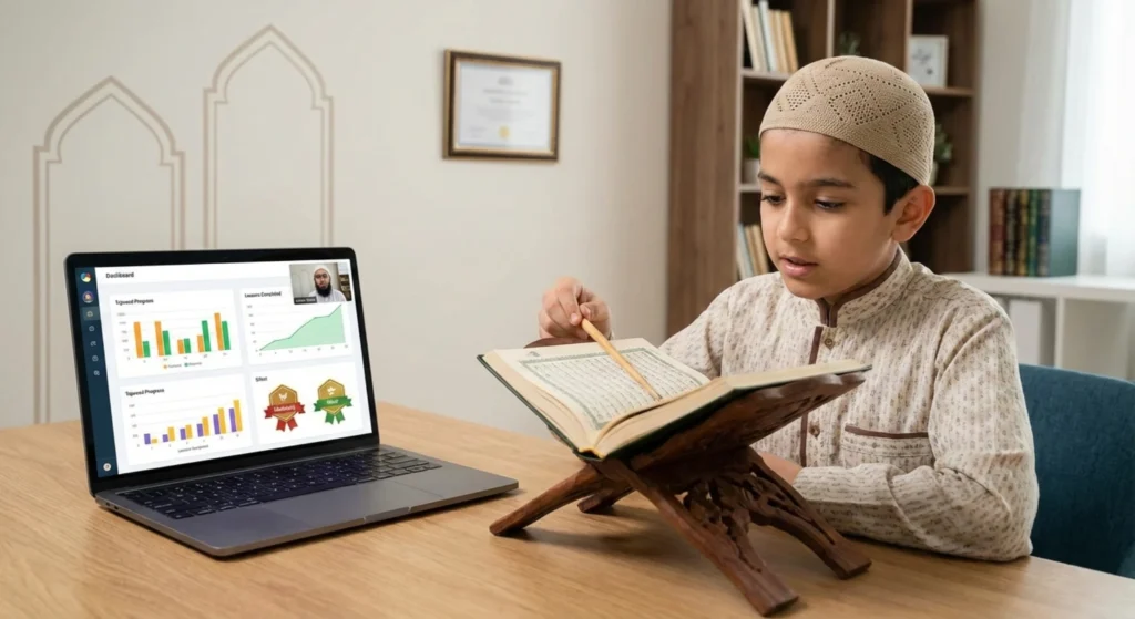 Child practicing Quran with digital progress tracking for Hifz and Tajweed