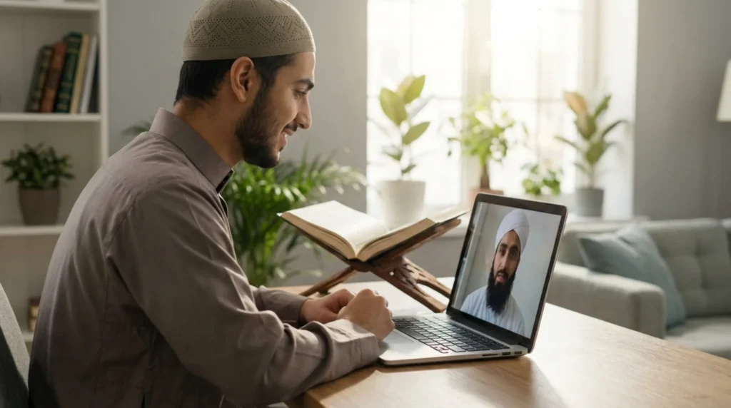how much do online Quran classes cost in USA illustrated through a student attending a live online Quran lesson at home