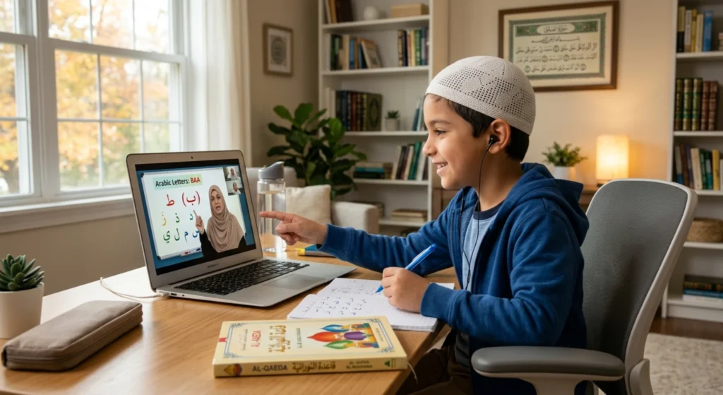 Child learning Noorani Qaida online with teacher guiding pronunciation in live Quran class