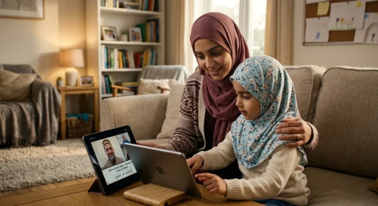 Muslim child attending online Quran class on laptop with teacher teaching Arabic letters at home