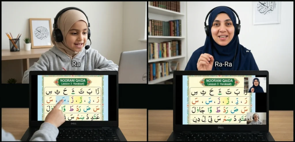 Parent supervising child during online Quran class at home with teacher on tablet screen