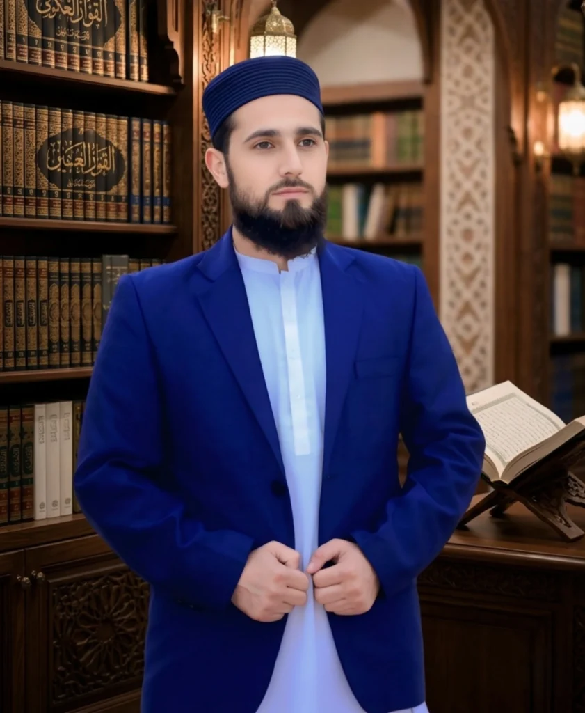 Sadiq-ur-Rehman Ijazah certified Quran tutor in traditional attire standing in library with Islamic books