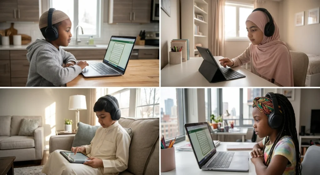 Muslim family supporting child during online Quran class at home with teacher on laptop screen