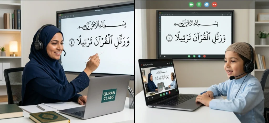 Online Quran teacher teaching Tajweed to a child in a one-on-one virtual class