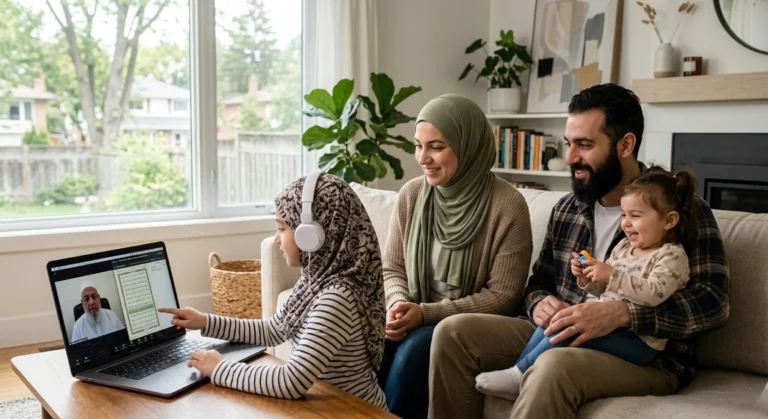Muslim children learning Quran online at home using laptops and tablets with headphones