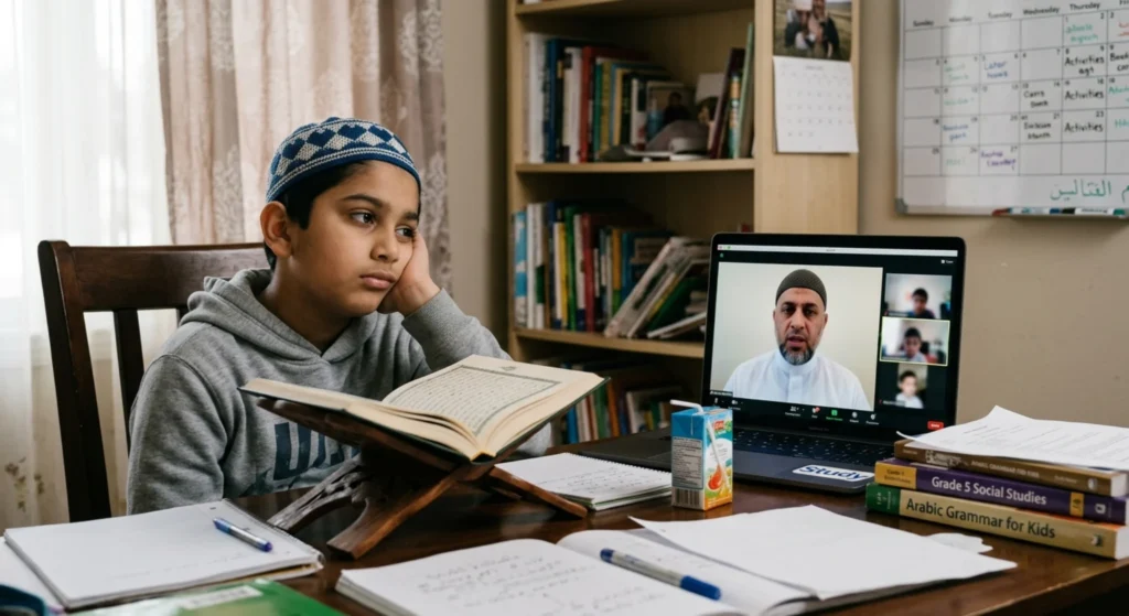 child bored during online Quran class with book open and distracted expression