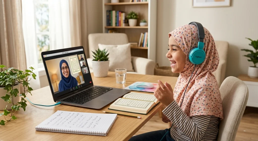 Child attending engaging online Quran class with tutor on laptop and wearing headphones.