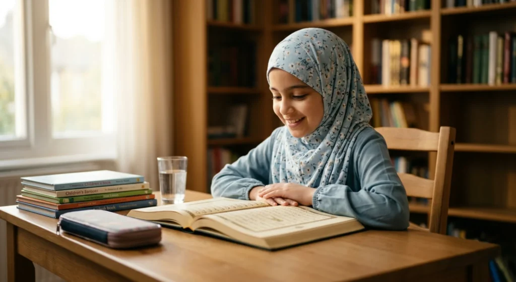 happy child reading quran with focus and confidence at home